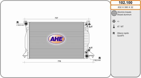 AHE 102.100 - Радиатор, охлаждане на двигателя vvparts.bg