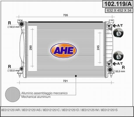 AHE 102.119/A - Радиатор, охлаждане на двигателя vvparts.bg