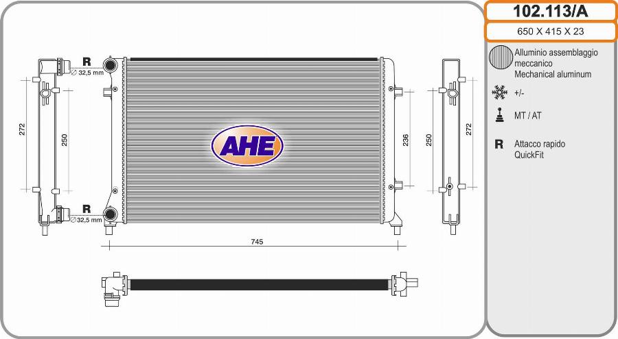 AHE 102.113/A - Радиатор, охлаждане на двигателя vvparts.bg