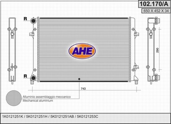 AHE 102.170/A - Радиатор, охлаждане на двигателя vvparts.bg