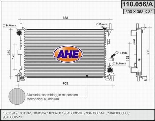 AHE 110.056/A - Радиатор, охлаждане на двигателя vvparts.bg