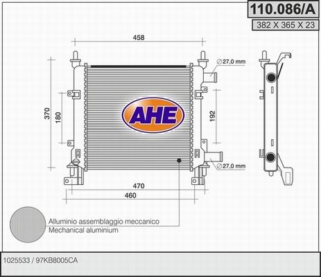 AHE 110.086/A - Радиатор, охлаждане на двигателя vvparts.bg