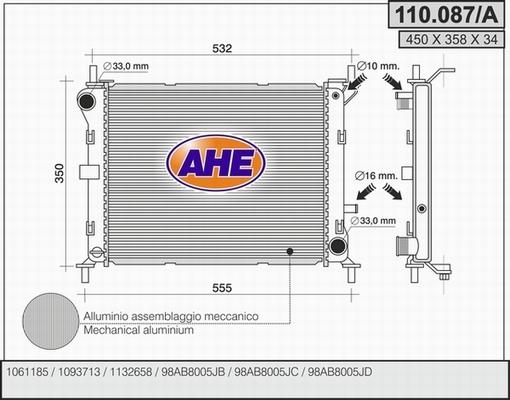 AHE 110.087/A - Радиатор, охлаждане на двигателя vvparts.bg