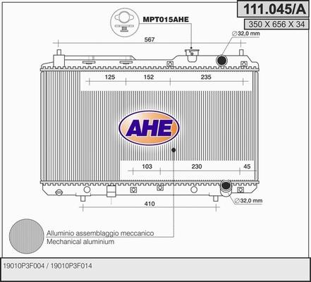 AHE 111.045/A - Радиатор, охлаждане на двигателя vvparts.bg