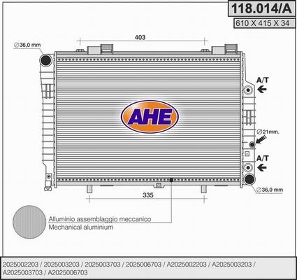 AHE 118.014/A - Радиатор, охлаждане на двигателя vvparts.bg