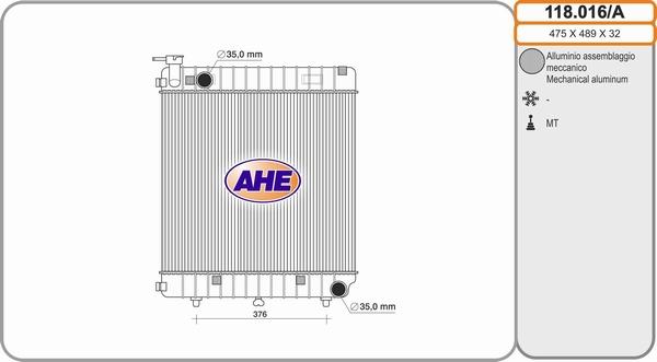 AHE 118.016/A - Радиатор, охлаждане на двигателя vvparts.bg