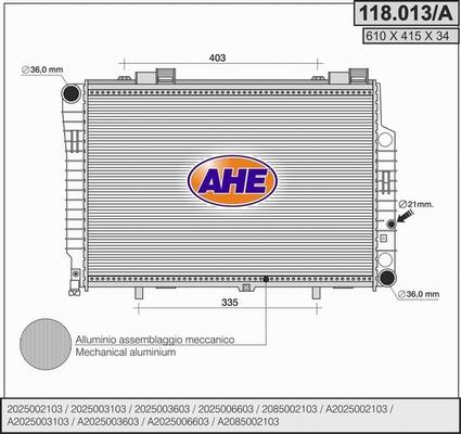 AHE 118.013/A - Радиатор, охлаждане на двигателя vvparts.bg