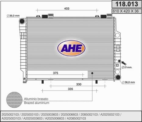 AHE 118.013 - Радиатор, охлаждане на двигателя vvparts.bg