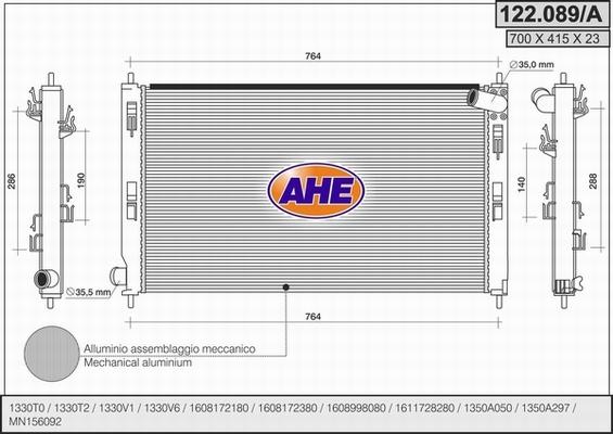 AHE 122.089/A - Радиатор, охлаждане на двигателя vvparts.bg