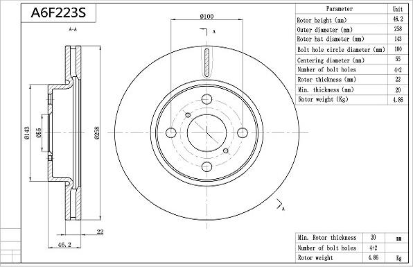 AISIN A6F223S - Спирачен диск vvparts.bg