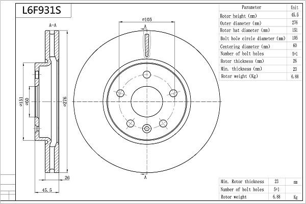 AISIN L6F931S - Спирачен диск vvparts.bg