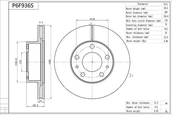 AISIN P6F936S - Спирачен диск vvparts.bg