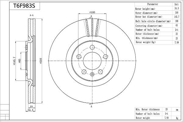 AISIN T6F983S - Спирачен диск vvparts.bg