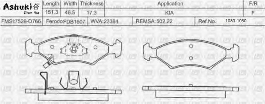 Ashuki 1080-1030 - Комплект спирачно феродо, дискови спирачки vvparts.bg