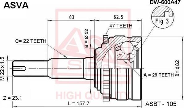 ASVA DW-600A47 - Каре комплект, полуоска vvparts.bg