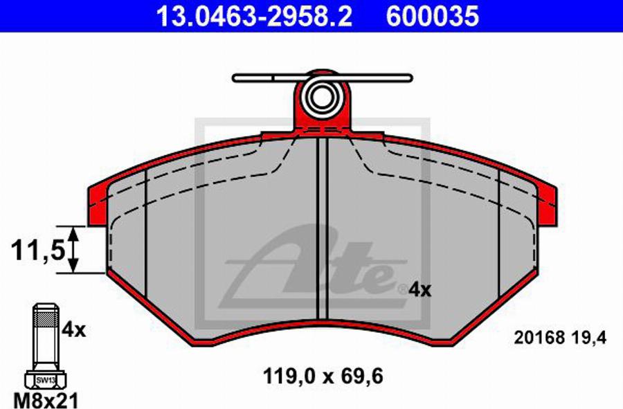 ATE 600035 - Комплект спирачно феродо, дискови спирачки vvparts.bg