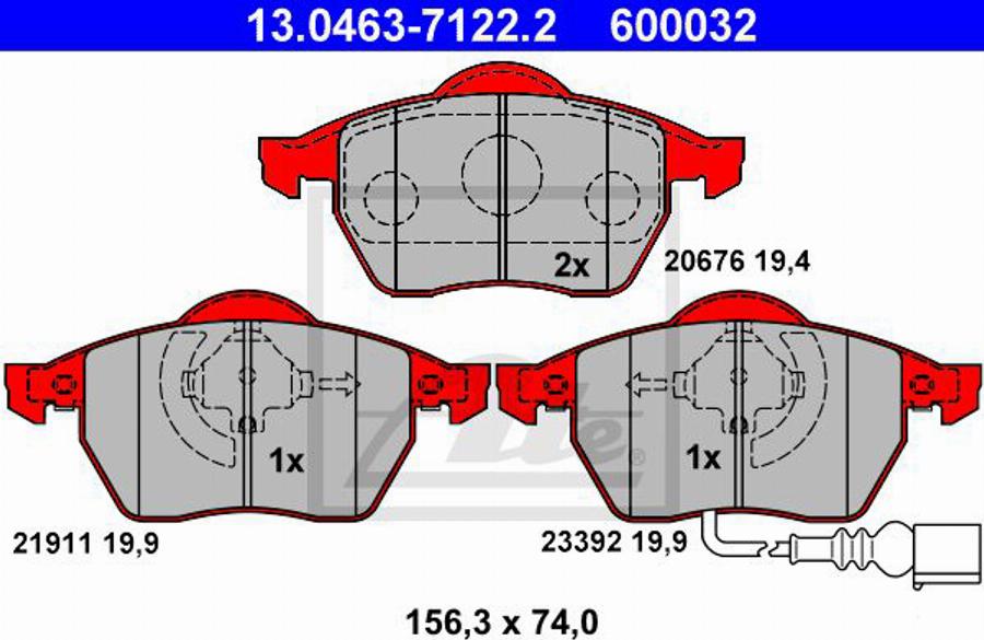 ATE 600032 - Комплект спирачно феродо, дискови спирачки vvparts.bg