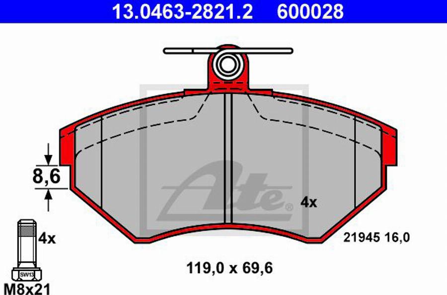 ATE 600028 - Комплект спирачно феродо, дискови спирачки vvparts.bg