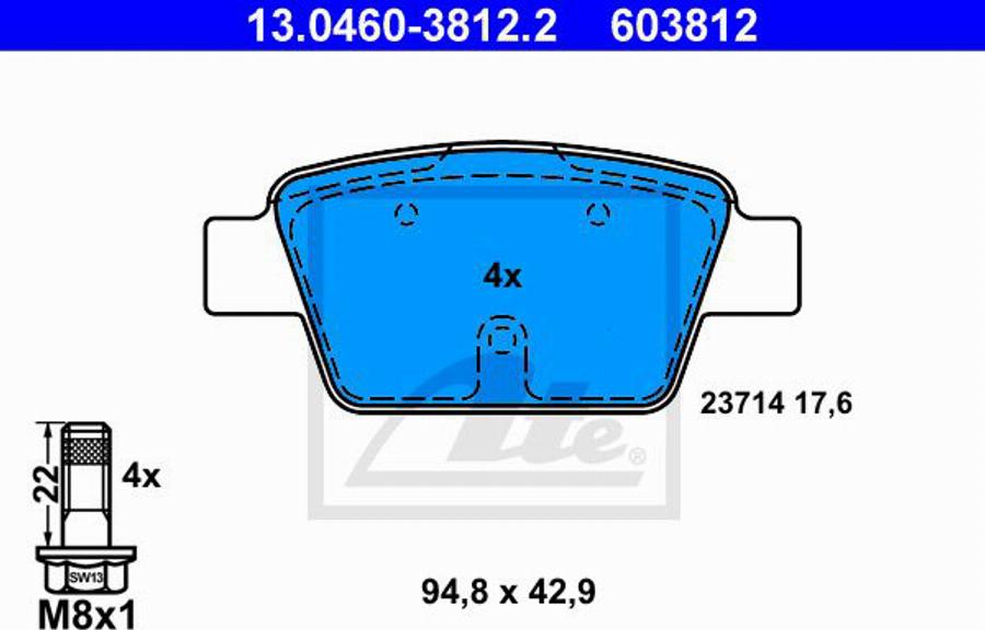 ATE 603812 - Комплект спирачно феродо, дискови спирачки vvparts.bg