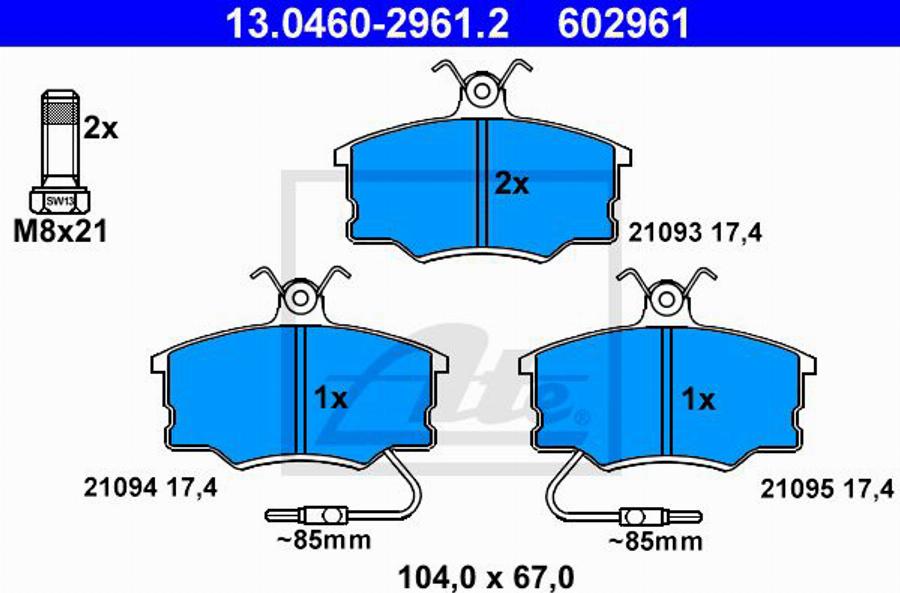 ATE 602961 - Комплект спирачно феродо, дискови спирачки vvparts.bg