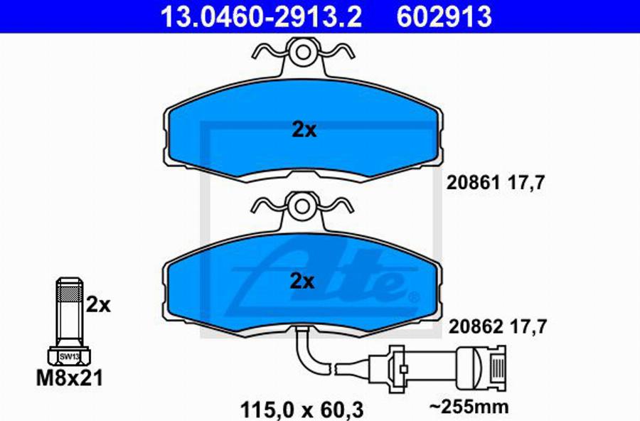 ATE 602913 - Комплект спирачно феродо, дискови спирачки vvparts.bg