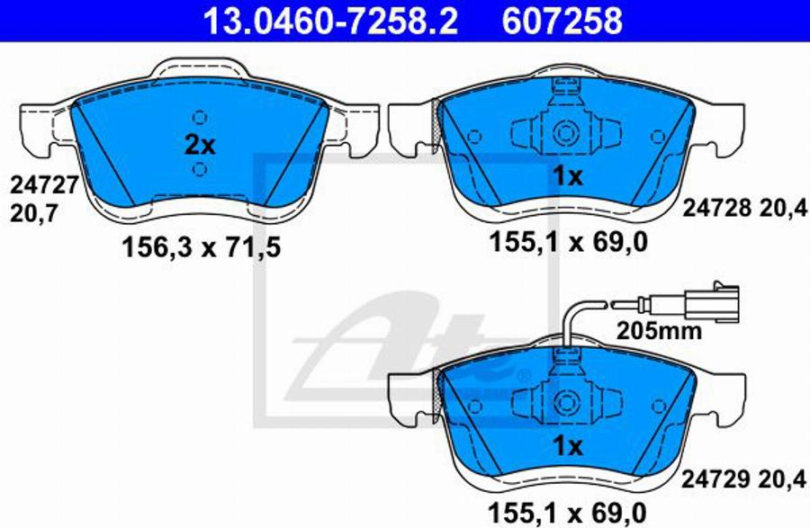 ATE 607258 - Комплект спирачно феродо, дискови спирачки vvparts.bg