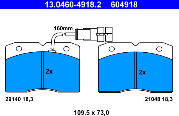 ATE 13.0460-4918.2 - Комплект спирачно феродо, дискови спирачки vvparts.bg