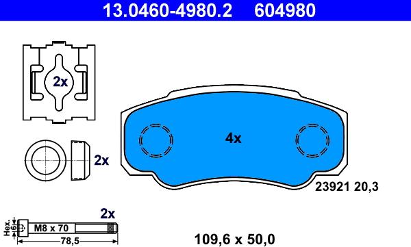 ATE 13.0460-4980.2 - Комплект спирачно феродо, дискови спирачки vvparts.bg
