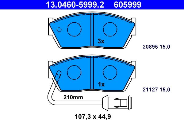 ATE 13.0460-5999.2 - Комплект спирачно феродо, дискови спирачки vvparts.bg