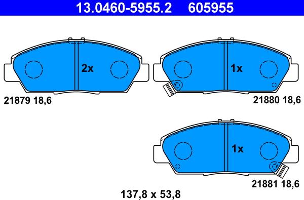 ATE 13.0460-5955.2 - Комплект спирачно феродо, дискови спирачки vvparts.bg