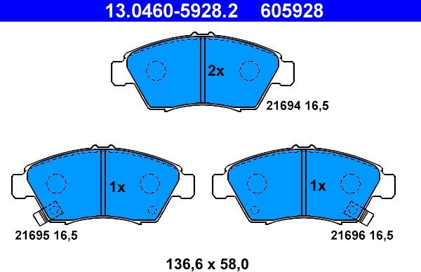 ATE 13.0460-5928.2 - Комплект спирачно феродо, дискови спирачки vvparts.bg