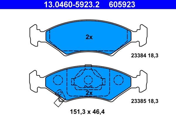 ATE 13.0460-5923.2 - Комплект спирачно феродо, дискови спирачки vvparts.bg