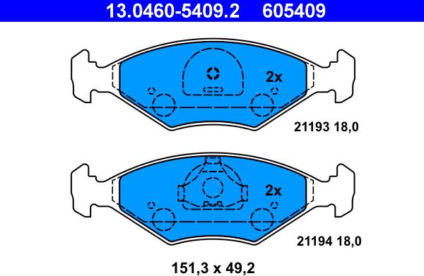 ATE 13.0460-5409.2 - Комплект спирачно феродо, дискови спирачки vvparts.bg