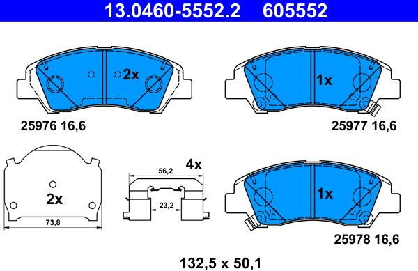 ATE 13.0460-5552.2 - Комплект спирачно феродо, дискови спирачки vvparts.bg