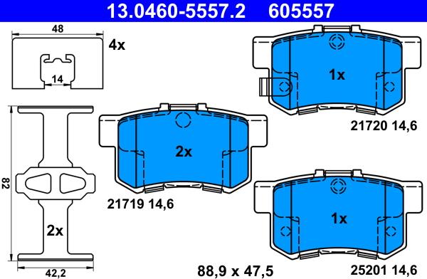 ATE 13.0460-5557.2 - Комплект спирачно феродо, дискови спирачки vvparts.bg