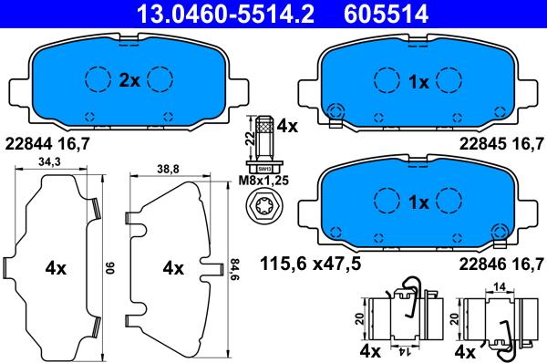 ATE 13.0460-5514.2 - Комплект спирачно феродо, дискови спирачки vvparts.bg