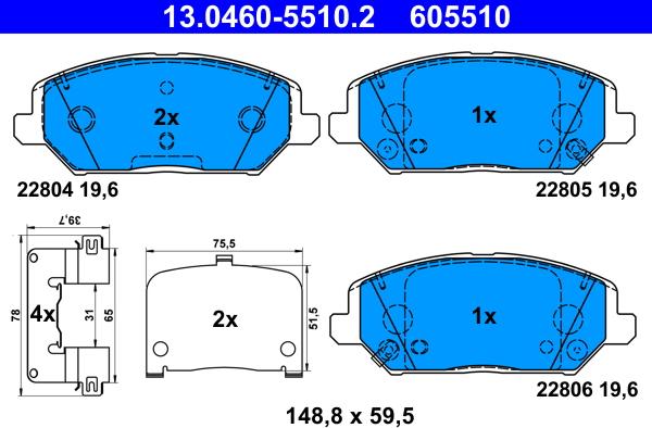 ATE 13.0460-5510.2 - Комплект спирачно феродо, дискови спирачки vvparts.bg