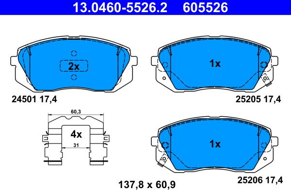 ATE 13.0460-5526.2 - Комплект спирачно феродо, дискови спирачки vvparts.bg