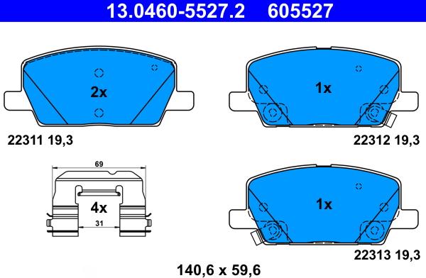 ATE 13.0460-5527.2 - Комплект спирачно феродо, дискови спирачки vvparts.bg