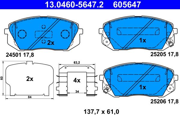 ATE 13.0460-5647.2 - Комплект спирачно феродо, дискови спирачки vvparts.bg