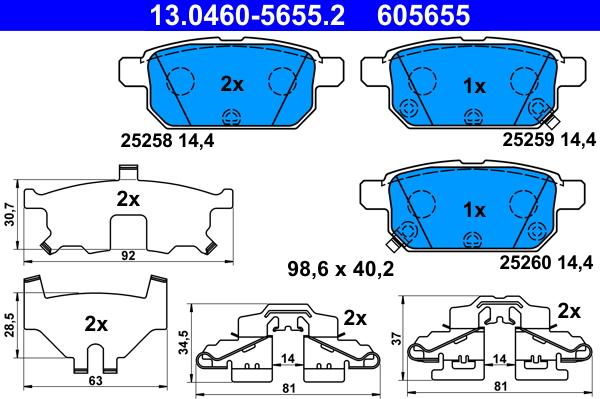 ATE 13.0460-5655.2 - Комплект спирачно феродо, дискови спирачки vvparts.bg