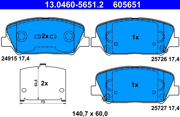 ATE 13.0460-5651.2 - Комплект спирачно феродо, дискови спирачки vvparts.bg