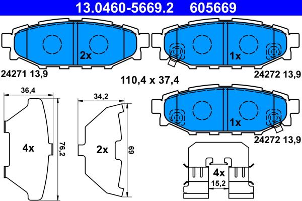 ATE 13.0460-5669.2 - Комплект спирачно феродо, дискови спирачки vvparts.bg