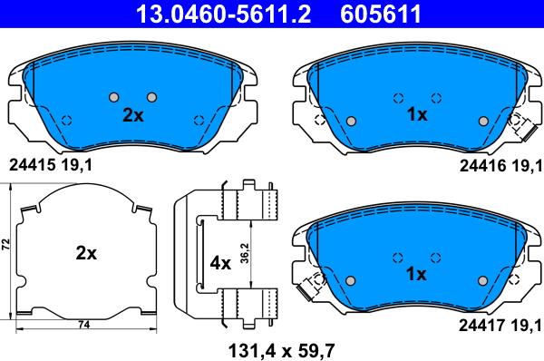 ATE 13.0460-5611.2 - Комплект спирачно феродо, дискови спирачки vvparts.bg