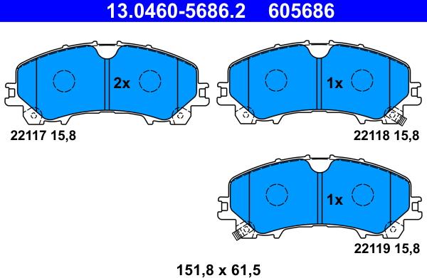 ATE 13.0460-5686.2 - Комплект спирачно феродо, дискови спирачки vvparts.bg