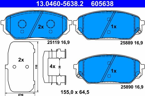 ATE 13.0460-5638.2 - Комплект спирачно феродо, дискови спирачки vvparts.bg