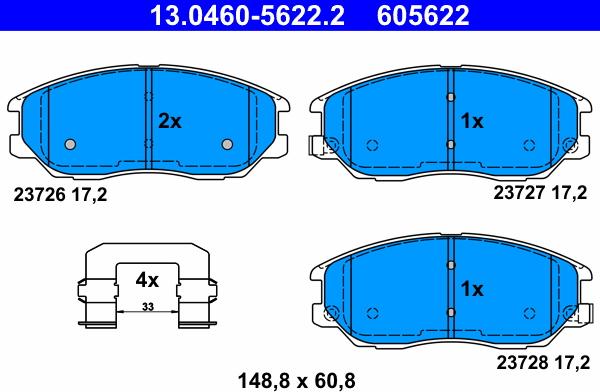 ATE 13.0460-5622.2 - Комплект спирачно феродо, дискови спирачки vvparts.bg