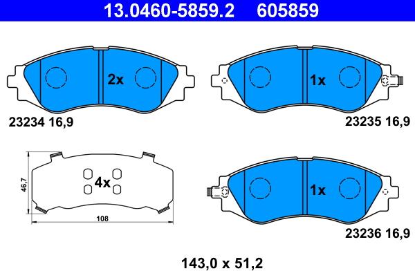 ATE 13.0460-5859.2 - Комплект спирачно феродо, дискови спирачки vvparts.bg