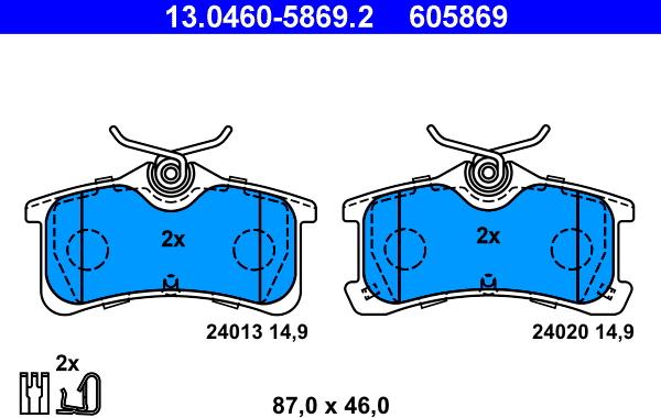 ATE 13.0460-5869.2 - Комплект спирачно феродо, дискови спирачки vvparts.bg