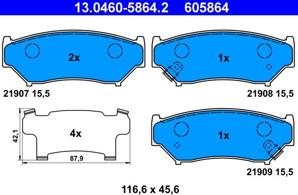 ATE 13.0460-5864.2 - Комплект спирачно феродо, дискови спирачки vvparts.bg